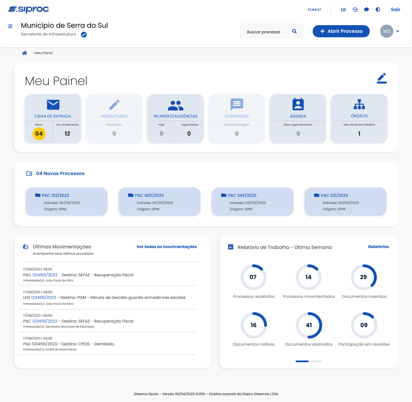 Interface do sistema SIPROC mostrando gestão de processos administrativos eletrônicos